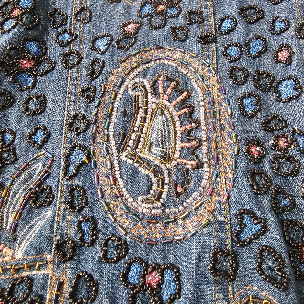 Chicos Heavily Beaded Denim Jacket L Blue Art to Wear Bohemian Paisley Artsy - Picture 6 of 12
